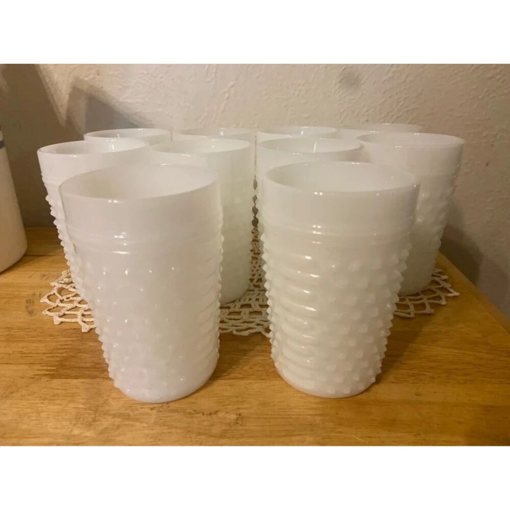 Vintage Anchor Hocking White Milk Glass Hobnail Flat Tumblers MCM Dot & Dash Pat